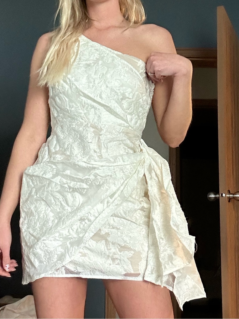 Showpo One-Shoulder Lace Dress in Ivory with Draped Sash